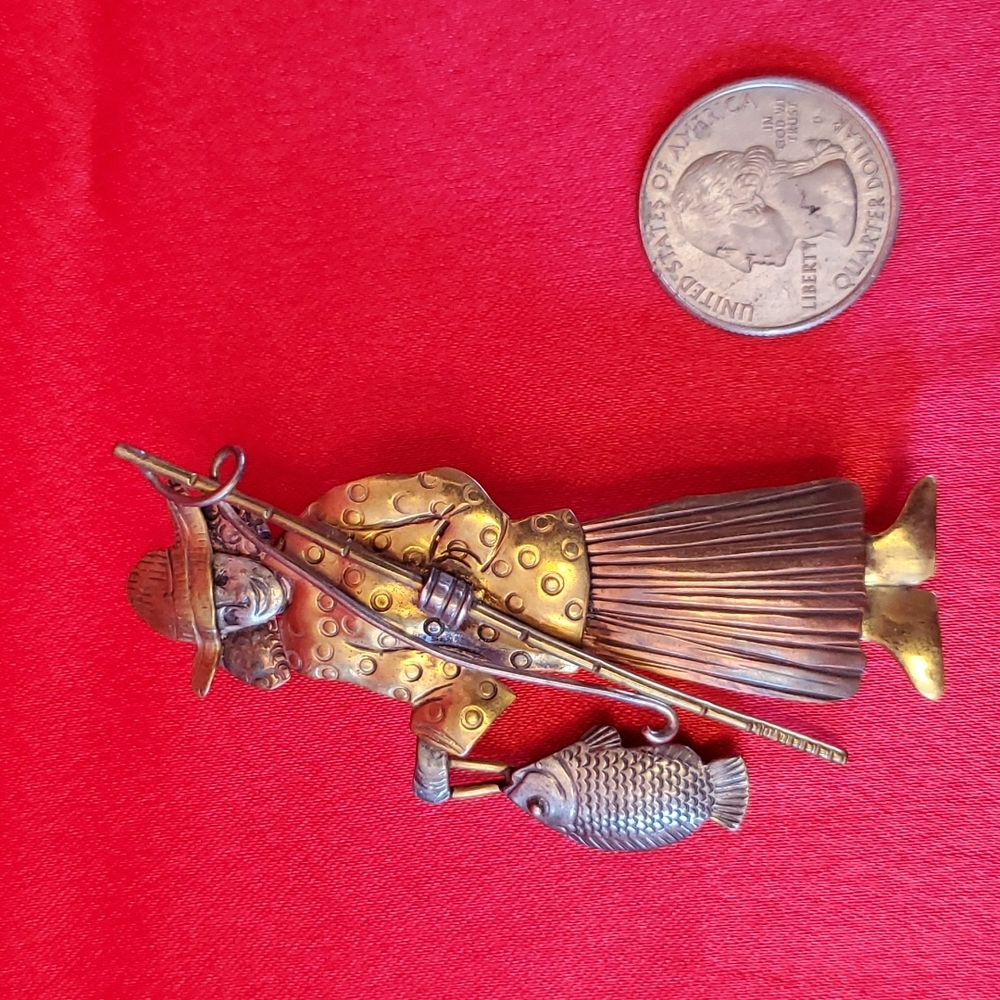 Vintage Courtney Peterson lady with fish  pin sterling silver, copper and brass